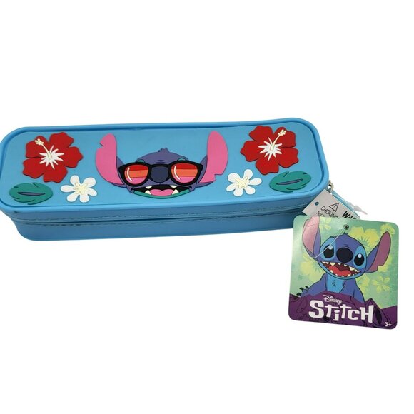 Disney Stitch Pencil Case Box With Zipper Closure & Flower Design Blue - Picture 1 of 10